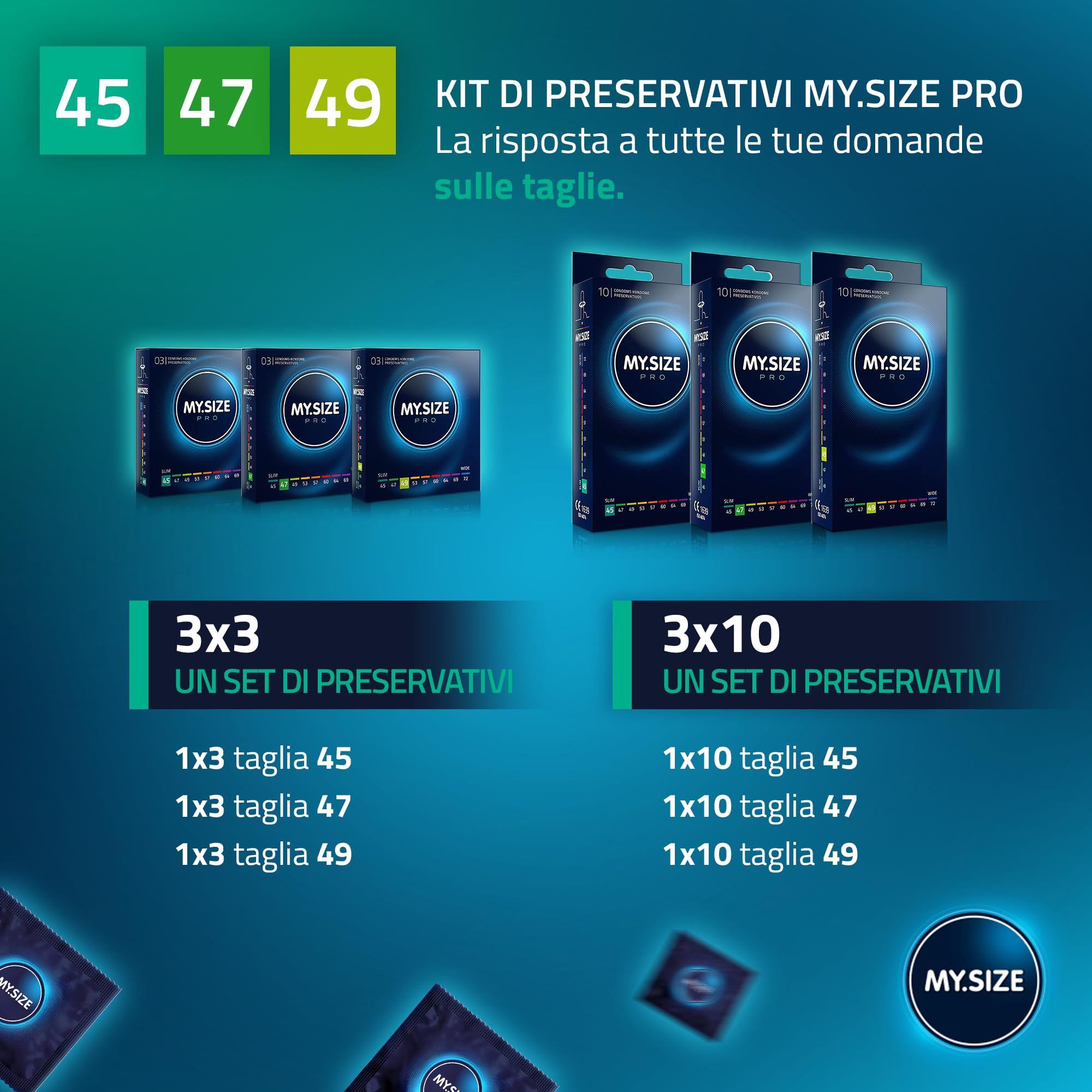 My.Size Pro Probier-Sets: 3x3 Kondome (45, 47, 49mm) und 3x10 Kondome (45, 47, 49mm).