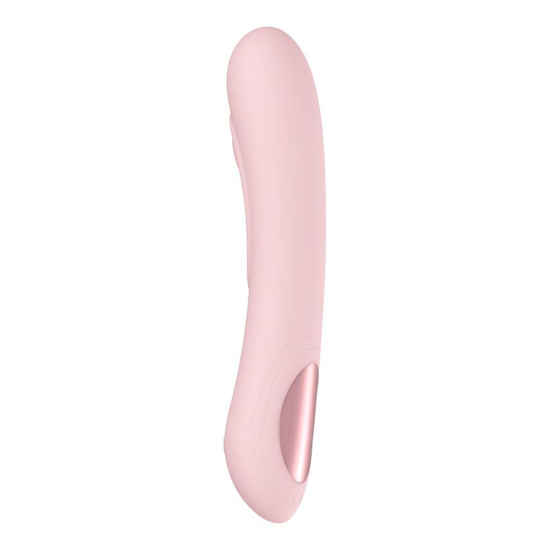 Rosa Vibrator. Seitliche Ansicht. Abgerundete Form. Rosafarbener Akzent am Ende. Glatte Oberfläche.