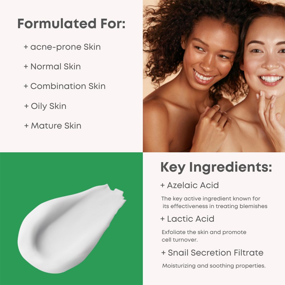 Zwei Frauen lächeln. Text: Formuliert für: Akne-anfällige Haut, normale Haut, Mischhaut, fettige Haut, reife Haut. Key Ingredients: Azelainsäure, Milchsäure, Schneckensekret.