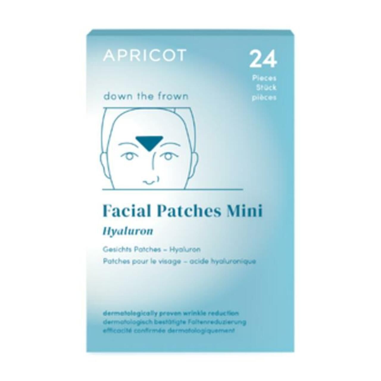 Packung mit Gesichts-Patches. Aufschrift: APRICOT, Facial Patches Mini Hyaluron. 24 Stück.