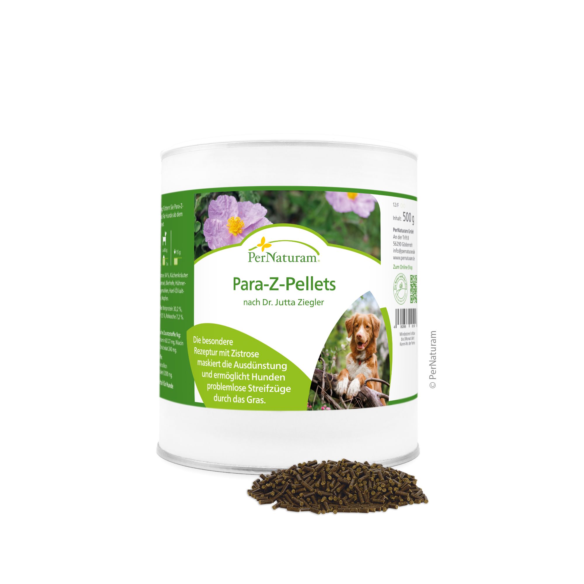 Dose mit Produktetikett, Text: PerNaturam Para-Z-Pellets nach Dr. Jutta Ziegler. Braune Pellets daneben.