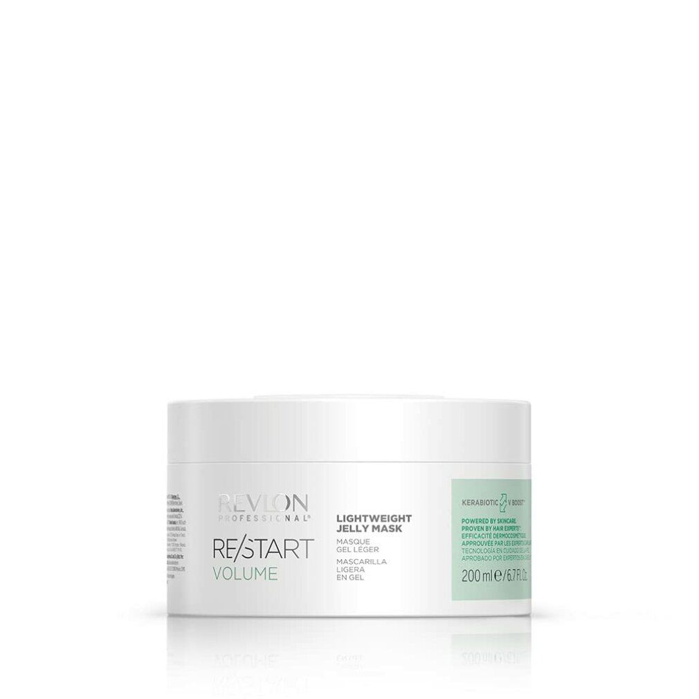 Weißer Tiegel mit Produktbezeichnung und Volumenangabe. Aufschrift: RE/START VOLUME, Lightweight Jelly Mask. Aufkleber mit Inhaltsangabe.