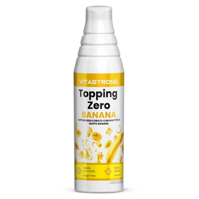 Vitastrong Topping Zero Banana Flasche. Weiße Flasche mit gelbem Etikett, Produktname, Bananen-Illustrationen und Text.