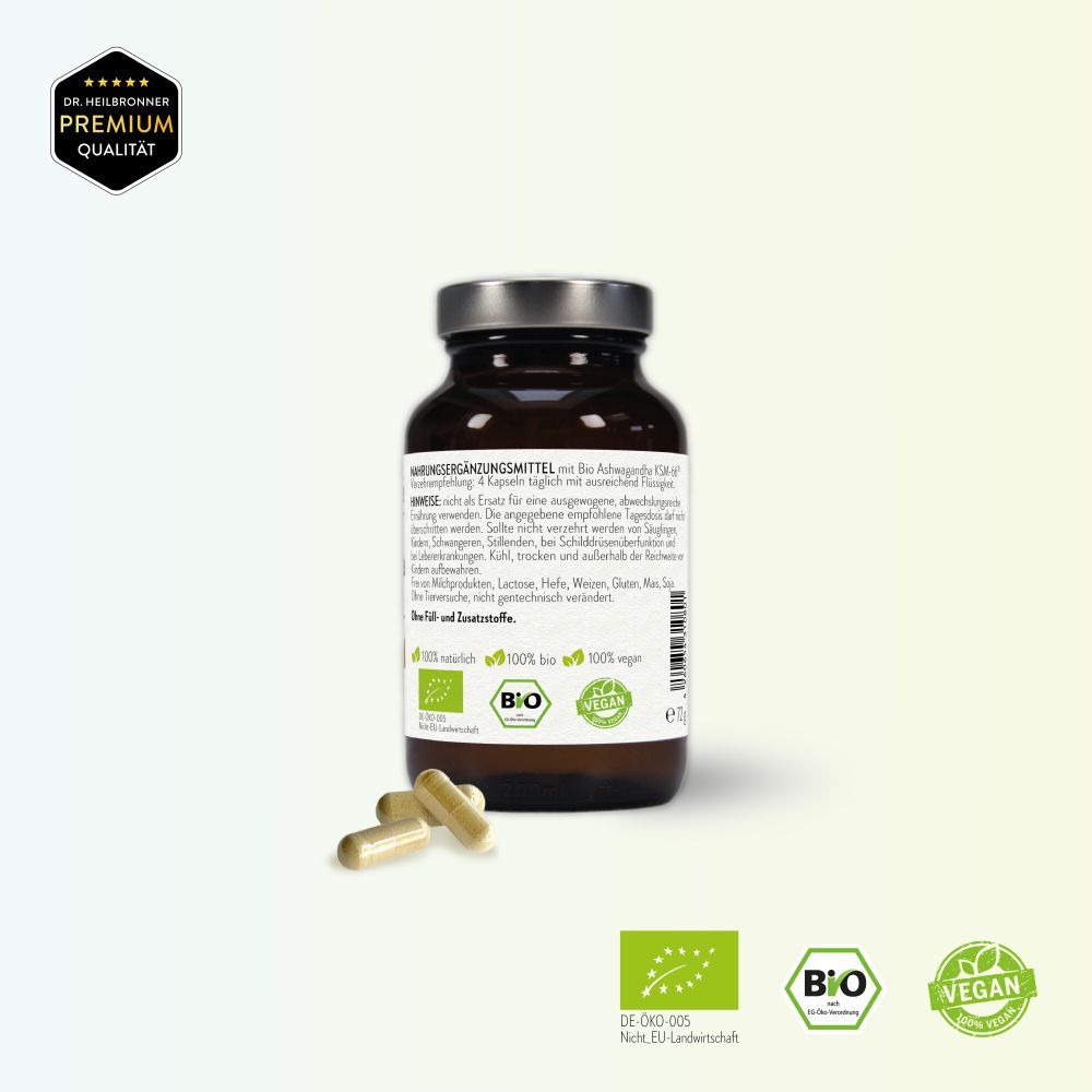 Braune Glasflasche mit Kapseln. Rückseite mit Text. Aufschrift: Dr. Heilbronner Bio Ashwagandha PUR. Bio- und Vegan-Siegel.
