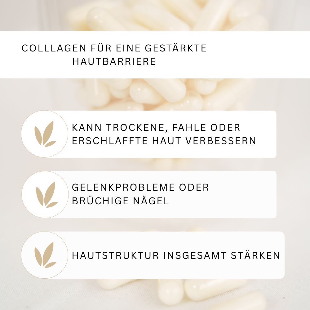 Text: COLLAGEN für eine gestärkte Hautbarriere. Kann trockene Haut verbessern. Für Gelenkprobleme. Stärkt Hautstruktur.