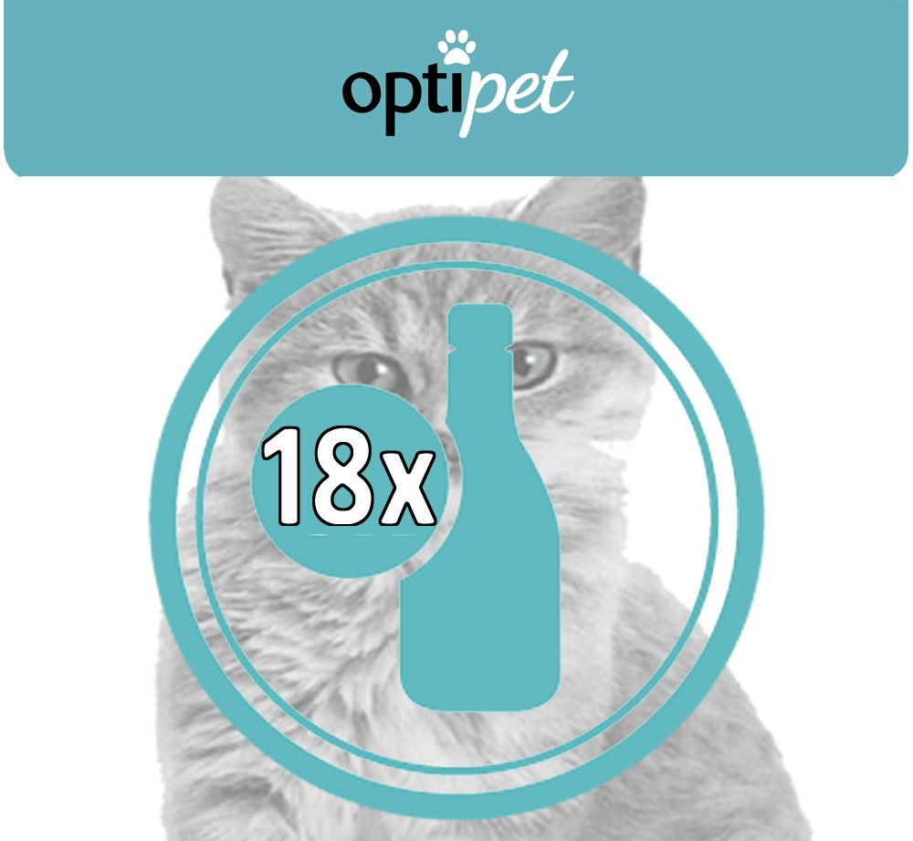 Icon mit Katze und Flasche. Text: 18x. OptiPet Logo.