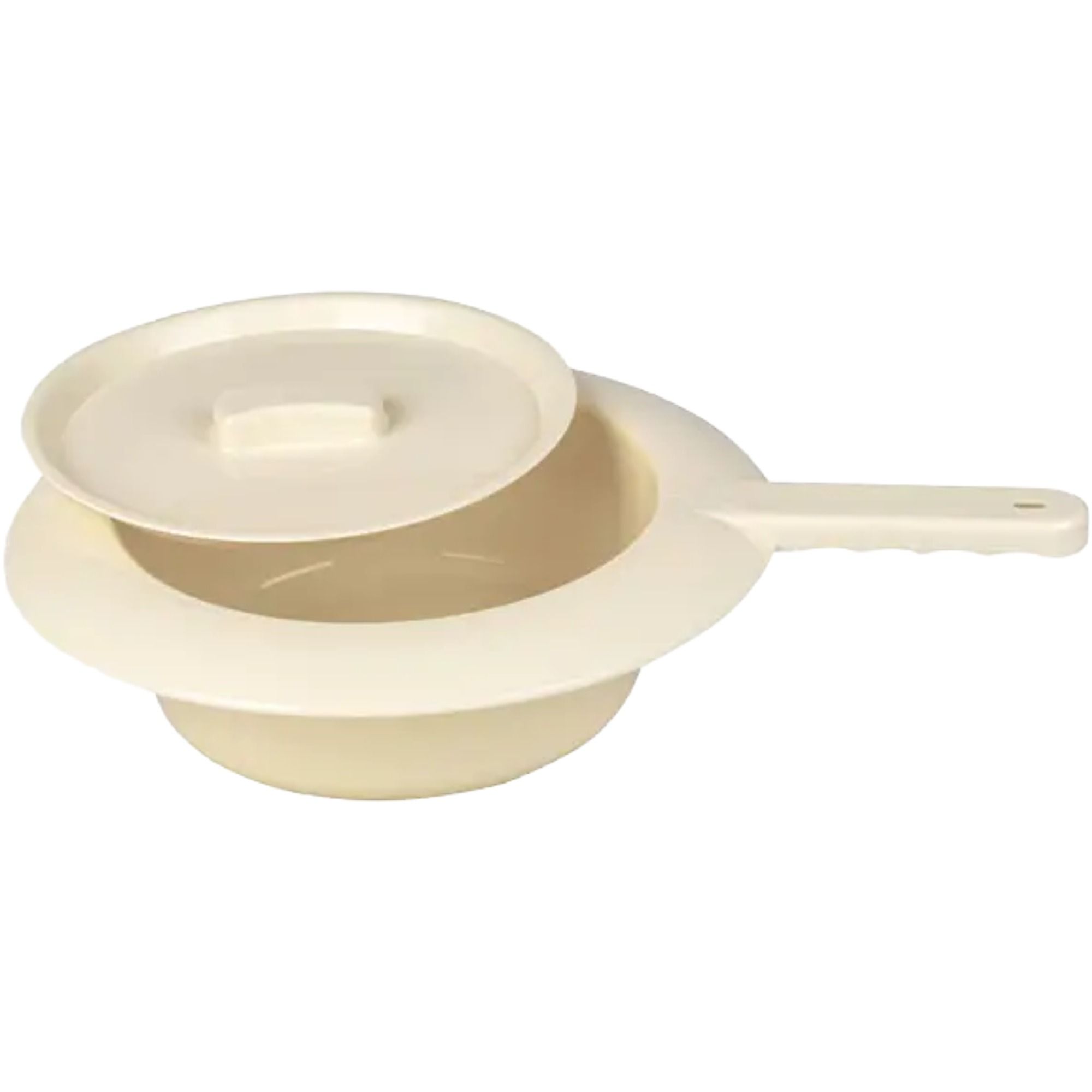 Beige Kunststoff-Bettpfanne mit abgenommenem Deckel und Griff.