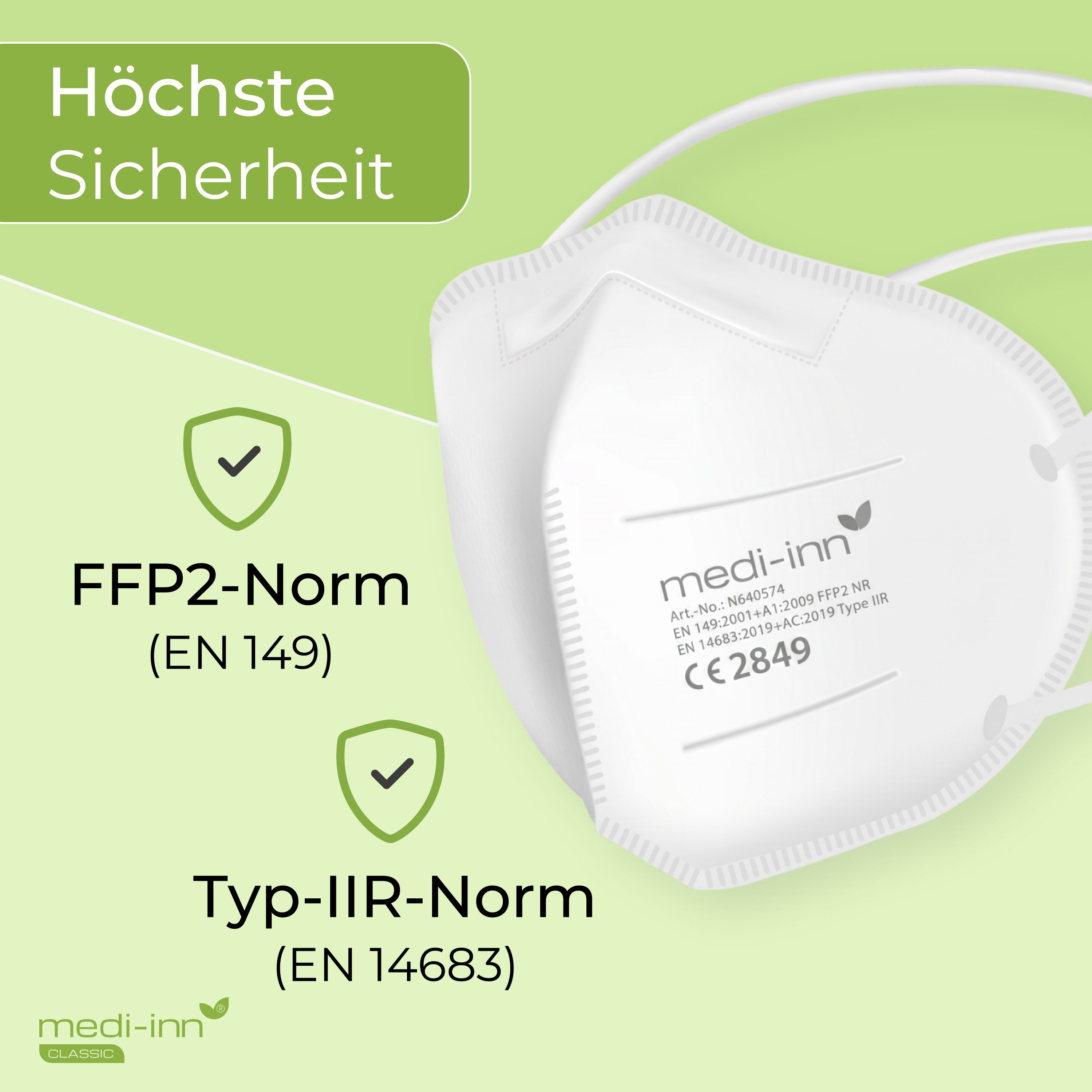 Weiße Medi-Inn FFP2 Maske, CE 2849, entspricht EN 149 und EN 14683 Typ IIR.
