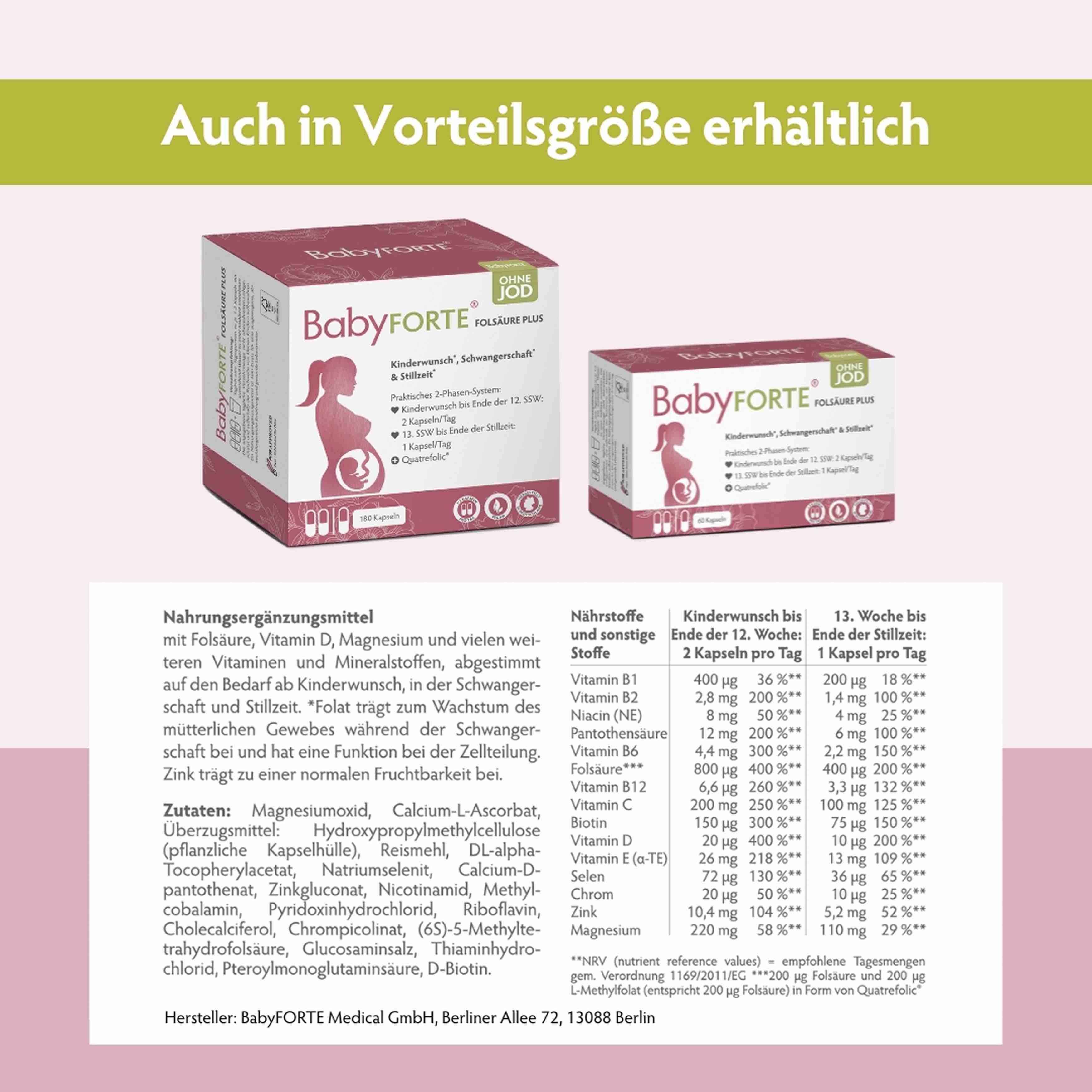 Zwei BabyFORTE-Packungen. Text: Auch in Vorteilgröße erhältlich. Inhaltsstoffe und Nährwerttabelle. Hersteller: BabyFORTE Medical GmbH.