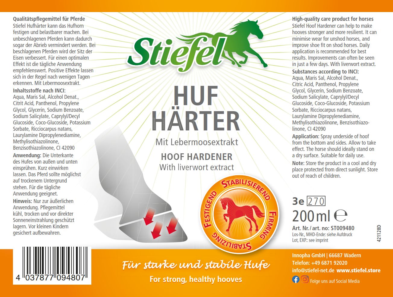 Etikett mit Produktinformationen. Stiefel Hufhärter, 200ml. Text in Deutsch und Englisch. Logo mit Pferd. Stabilisierungs-Siegel.