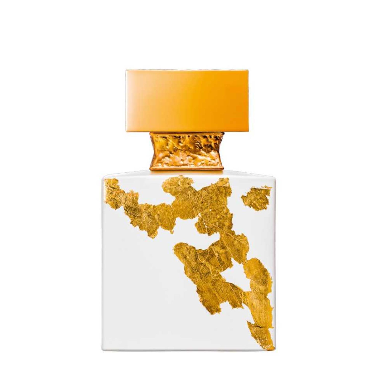 Quadratischer Flakon mit goldenen Blättern auf weißem Hintergrund. Goldener Verschluss.