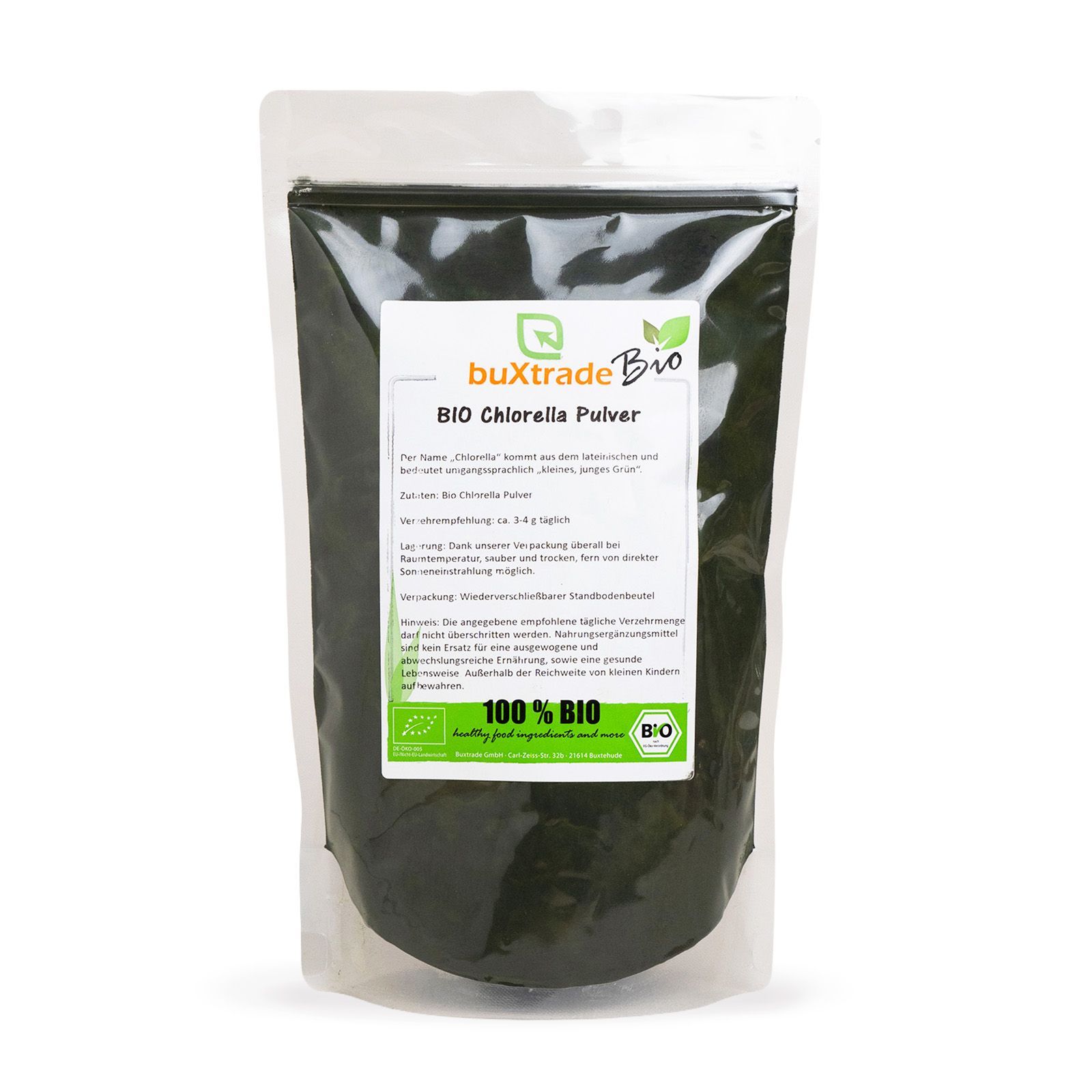 Verpackung von buXtrade Bio Chlorella Pulver. Transparente Tüte mit Etikett. 100% BIO-Siegel.
