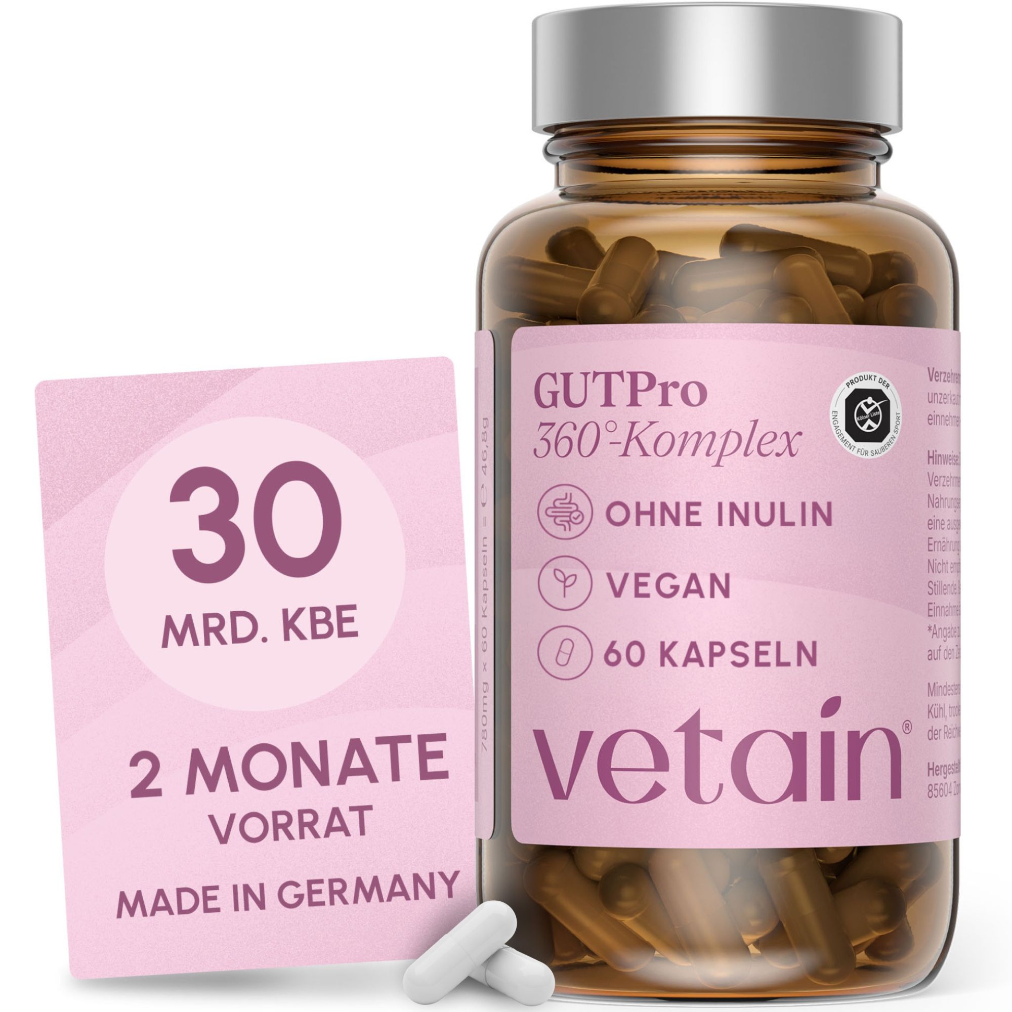 Vetain GutPro Kapseln in Braunglasflasche mit Etikett, daneben eine Karte mit 30 Mrd. KBE und 2 Monate Vorrat.