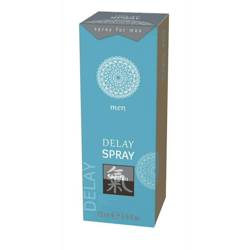 Verpackung. Aufschrift: Delay Spray, Shiatsu, 15 ml. Verpackung in Blau und Weiß. Text: spray for men.