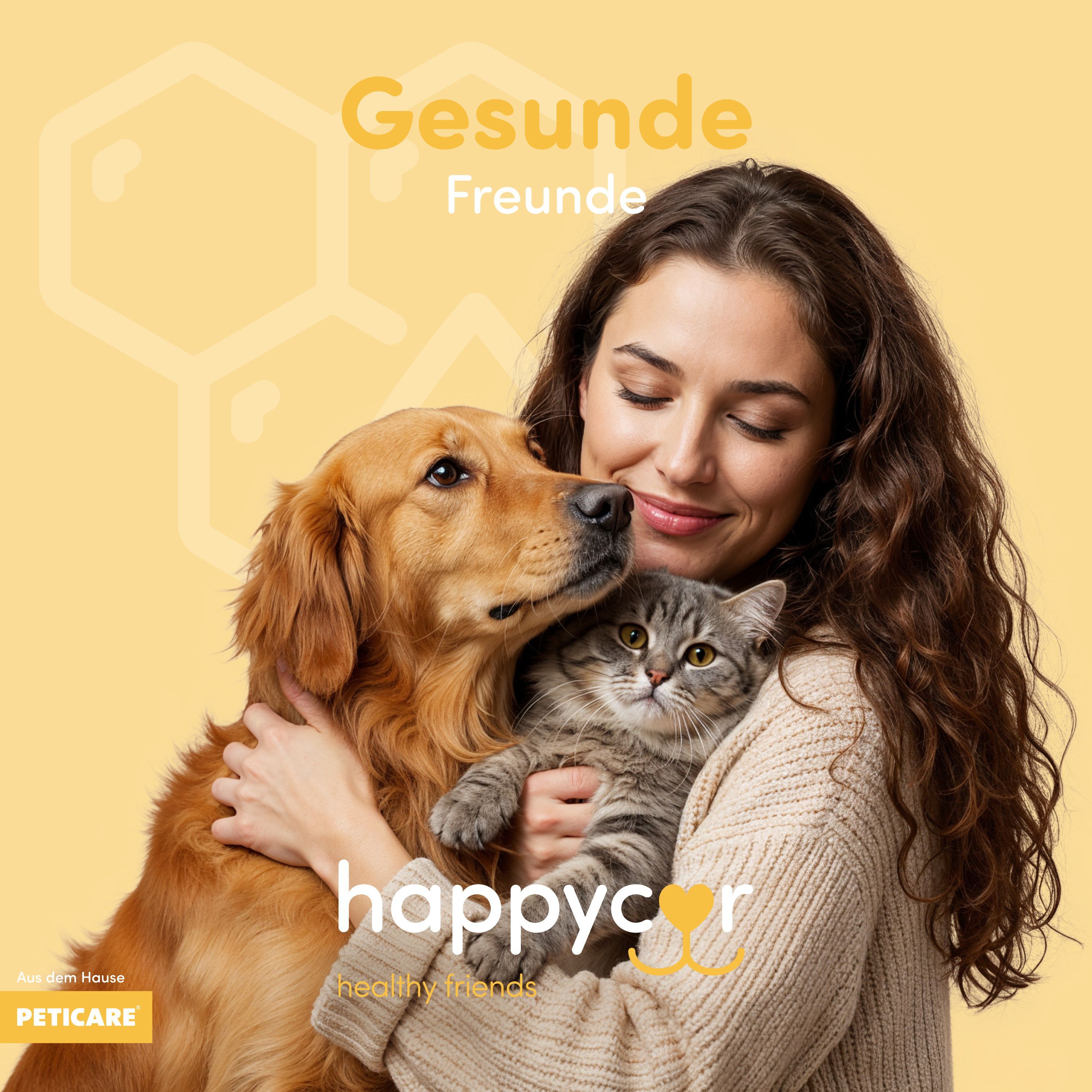 Frau umarmt Hund und Katze. Aufschrift: happycor, healthy friends. Gelber Hintergrund mit Wabenmuster.
