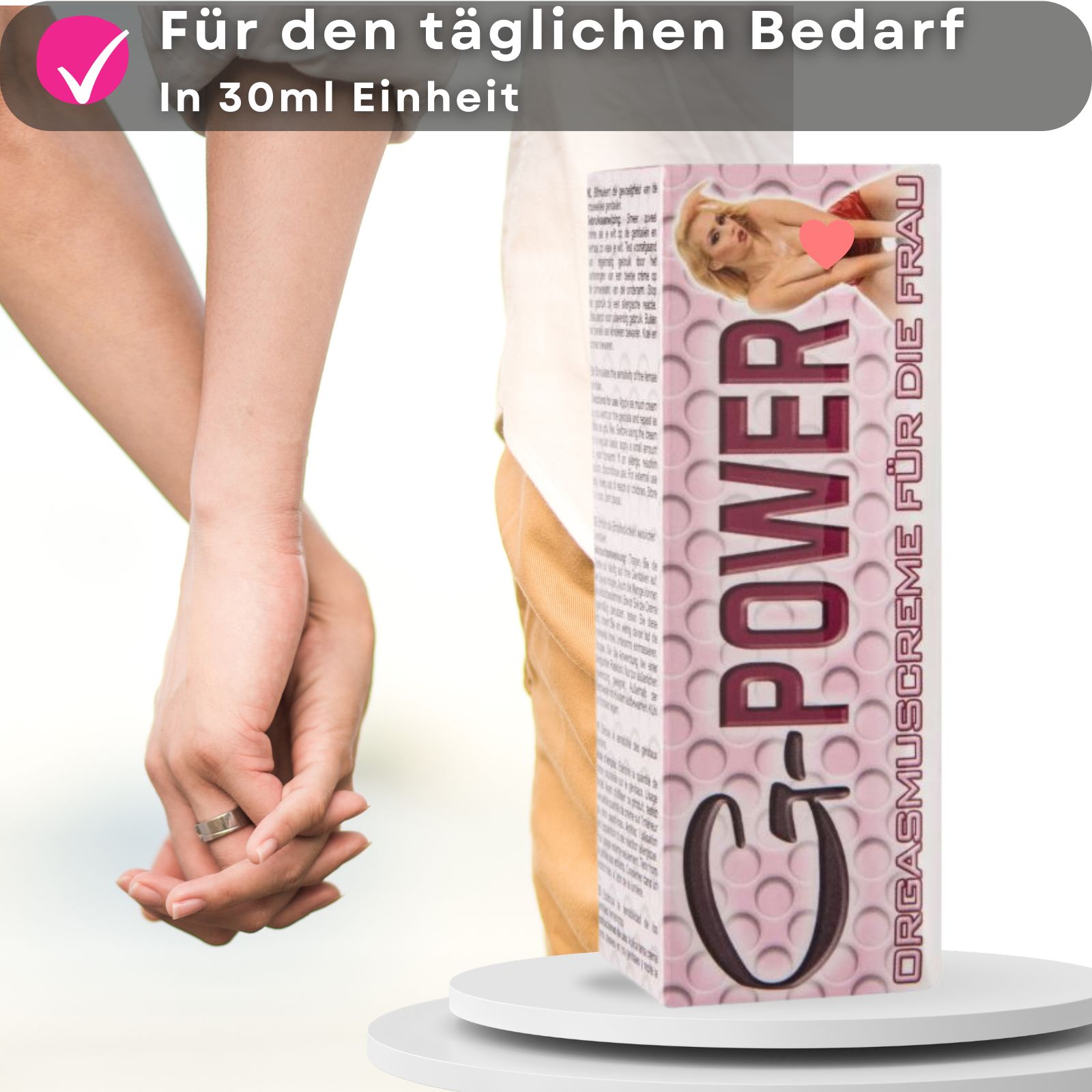 G-POWER Creme-Tube und Verpackung. Paar im Hintergrund. Text auf der Verpackung. Produktname G-POWER.