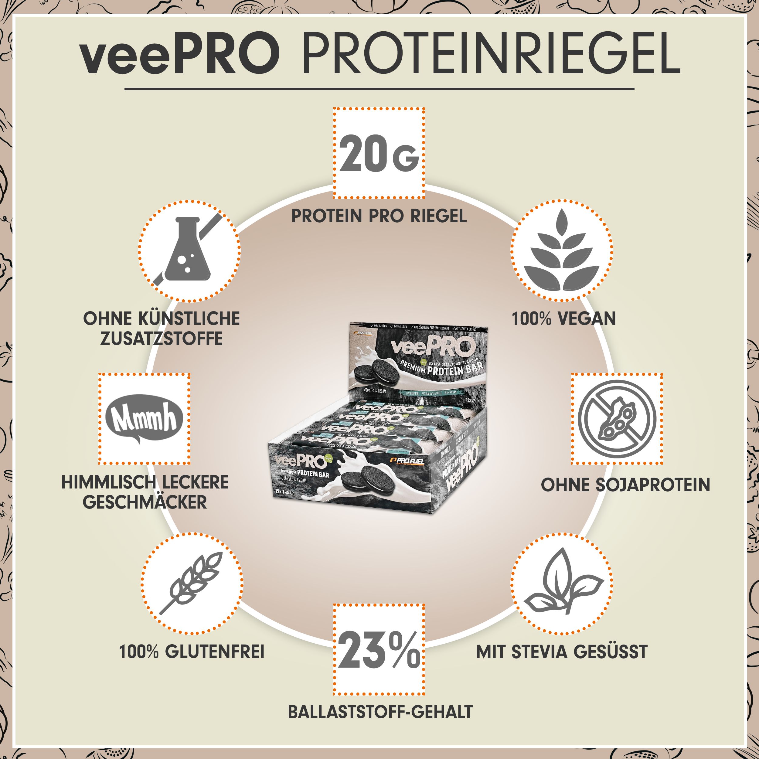 ProFuel - veePRO Proteinriegel Cookies & Cream 27% Protein, ballaststoffreich, zuckerarm vegan 12x74 g Riegel