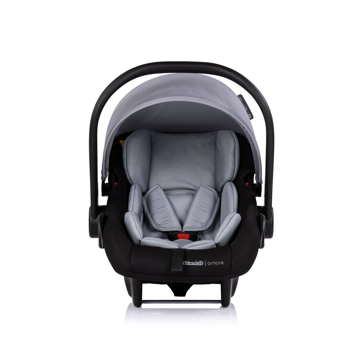 Graue Babyschale mit schwarzem Gestell und 5-Punkt-Gurt, Frontansicht.