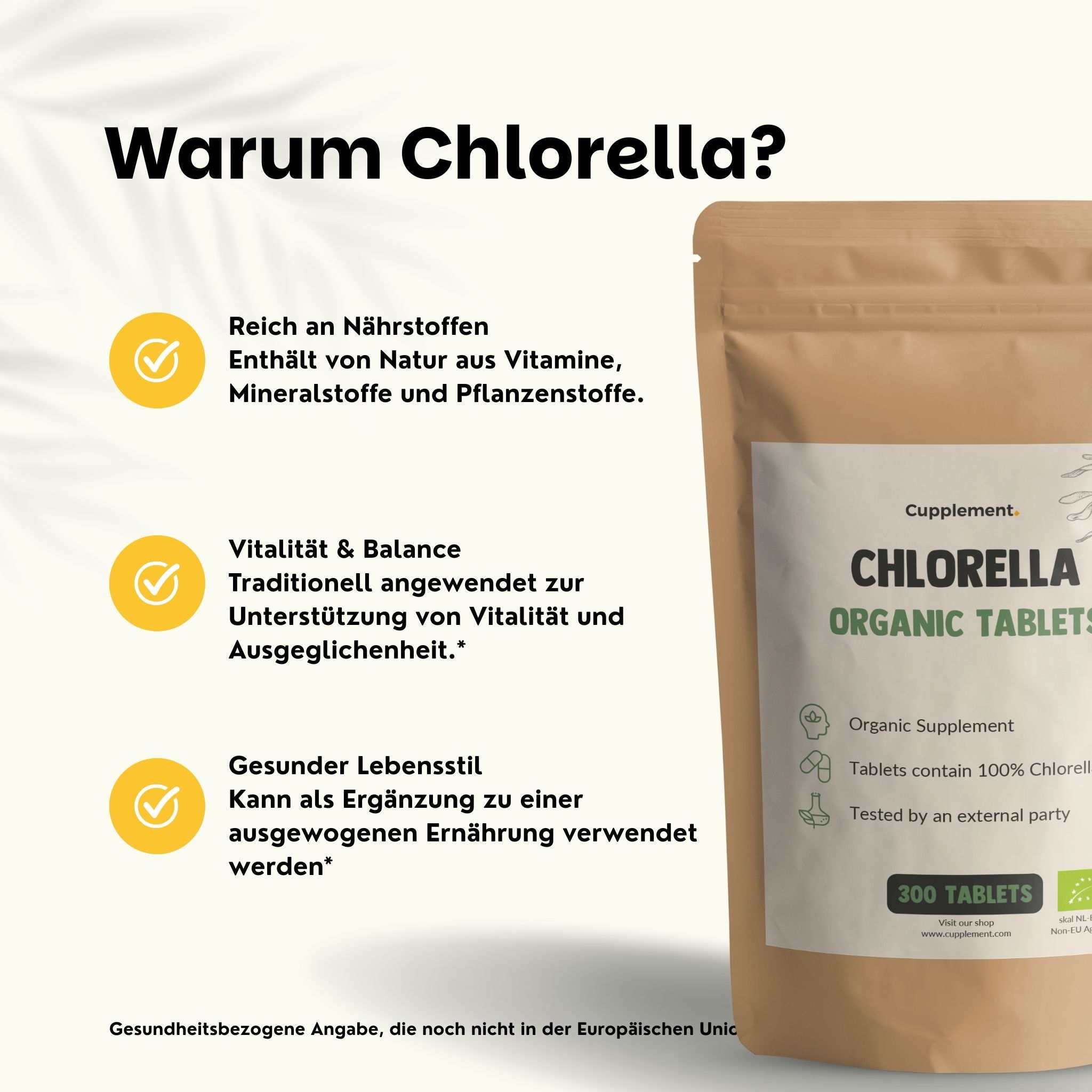 Beutel mit Chlorella Organic Tablets. Text: Warum Chlorella?, reich an Nährstoffen, Vitalität & Balance, gesunder Lebensstil.