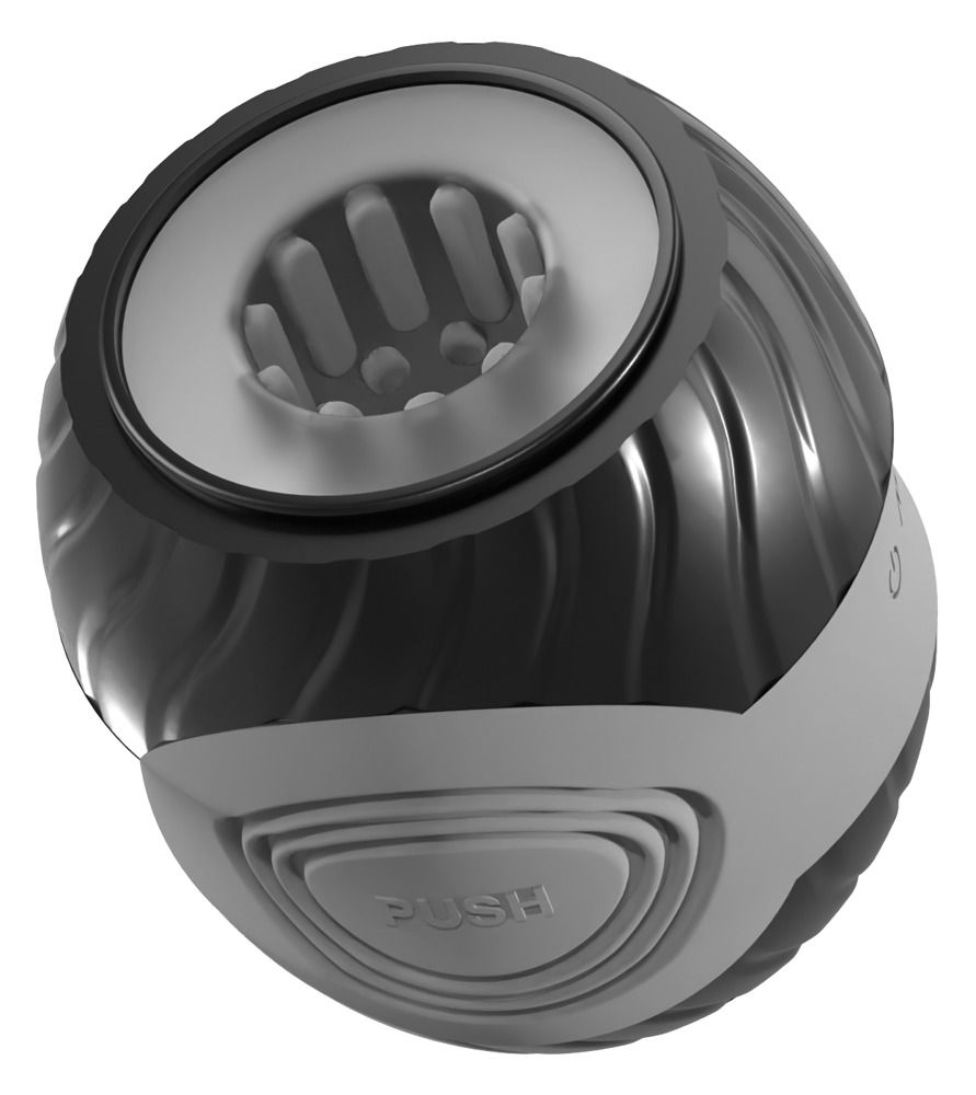 Schwarzes, zylindrisches Produkt mit gewellter Oberfläche, grauem Band und Innenraum.