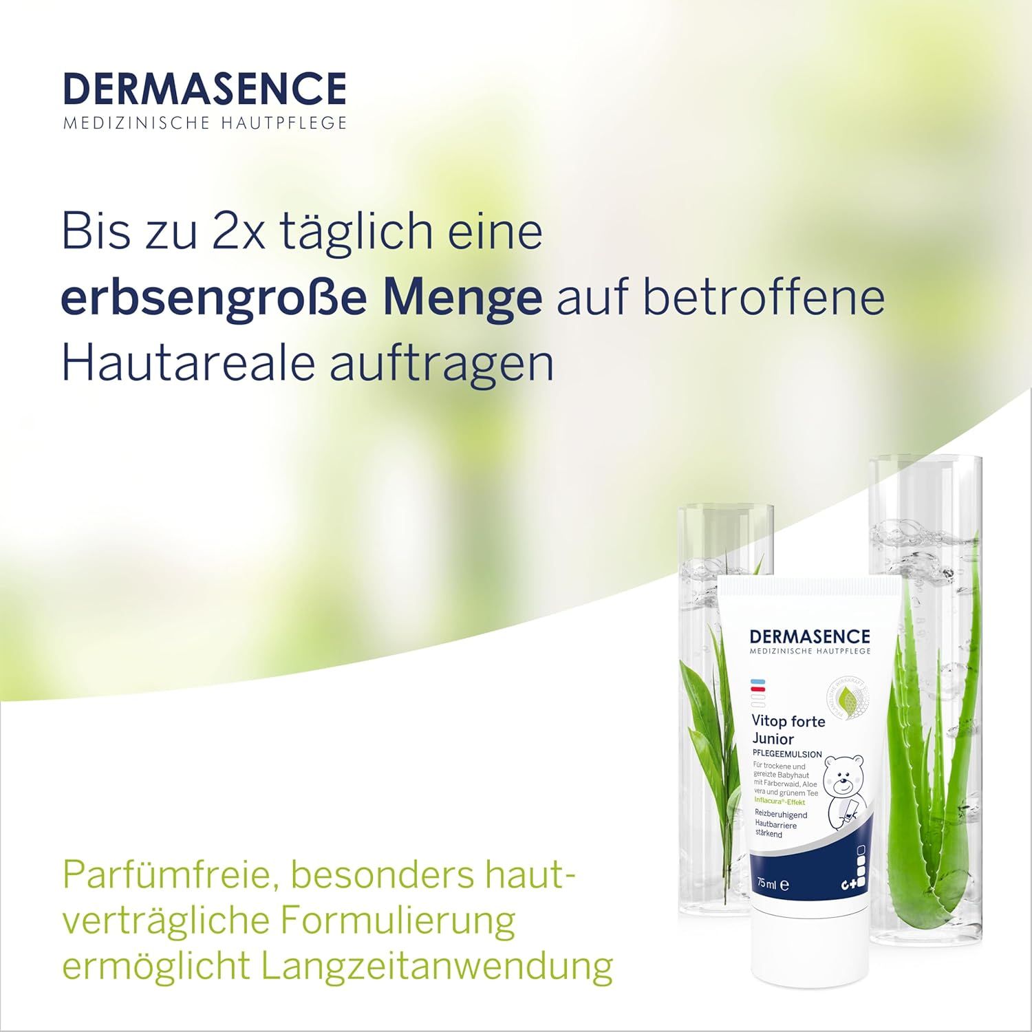 Creme-Tube und Pflanzen in Glas. Text: DERMASENCE, Vitop forte Junior Pflegeemulsion, parfümfreie Formulierung, bis zu 2x täglich auftragen.