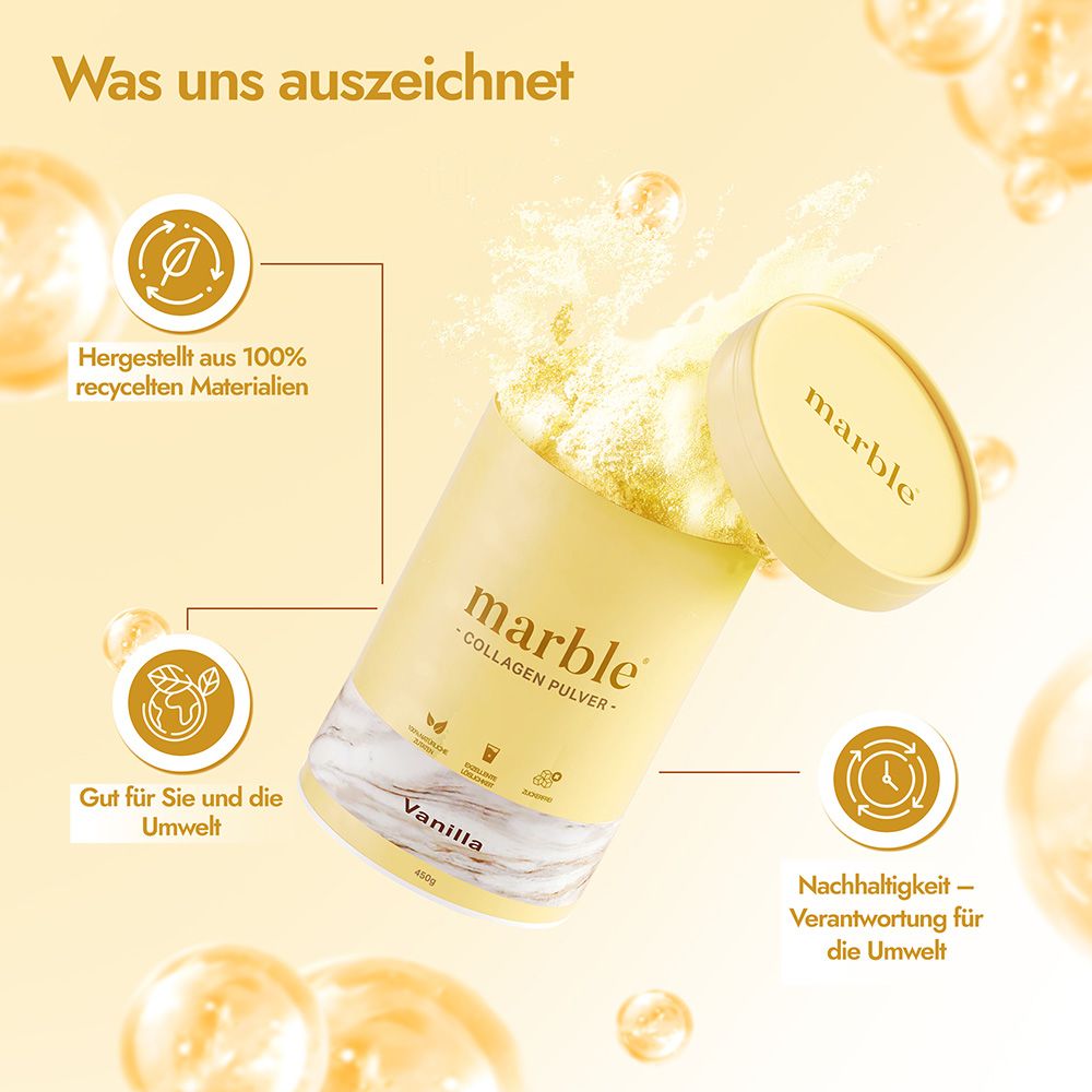 Dose "marble" Collagen Pulver, geöffnet. Text: Hergestellt aus recycelten Materialien, gut für Umwelt. Nachhaltigkeit.