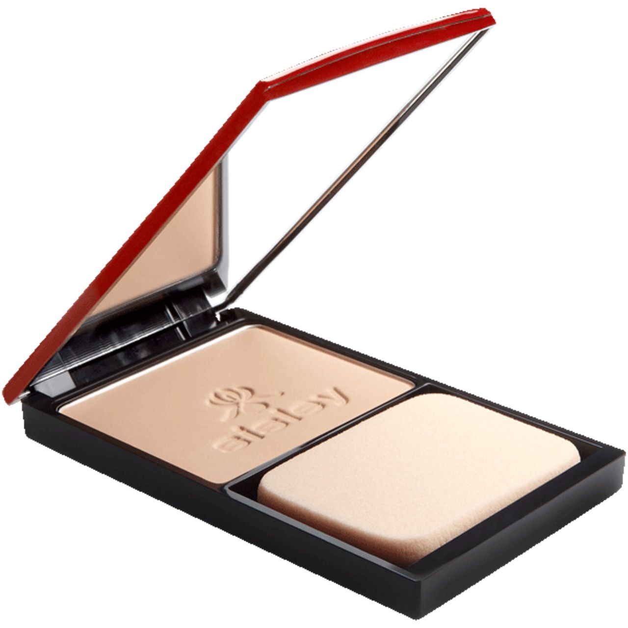 Kompaktpuder mit Spiegel und Applikator. Roter Deckel mit Logo. Schwarzer Rahmen. Puder mit Logo-Prägung. Beige Applikator. Geöffnet.