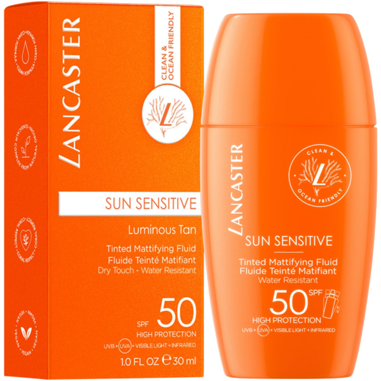 Orangefarbene Flasche von Lancaster Sonnenempfindlicher Tönender Mattierender Fluid SPF50. Text: Sun Sensitive, 50 SPF.