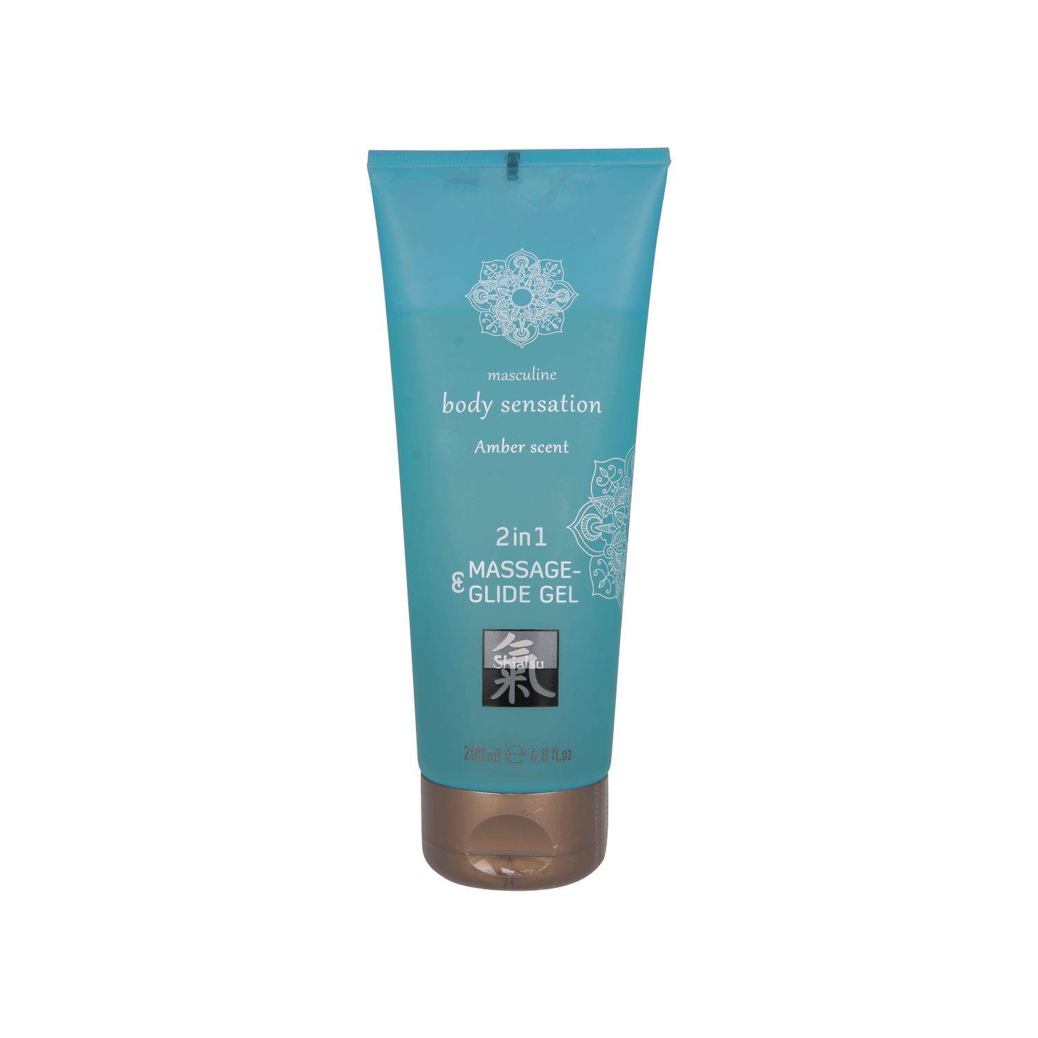 Türkisfarbene Tube mit weißem Mandala-Design. Aufschrift: body sensation, Amberduft, 2in1 Massage- & Glide Gel.