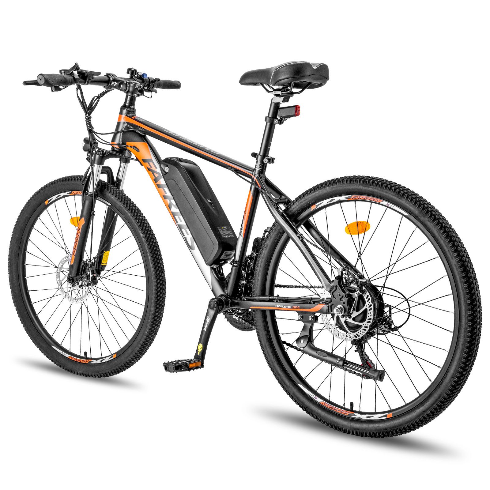 Schwarzes Mountainbike mit orangefarbenen Akzenten. Sichtbar: Akku, 21 Gänge, Scheibenbremsen. Aufschrift: FAFREES.