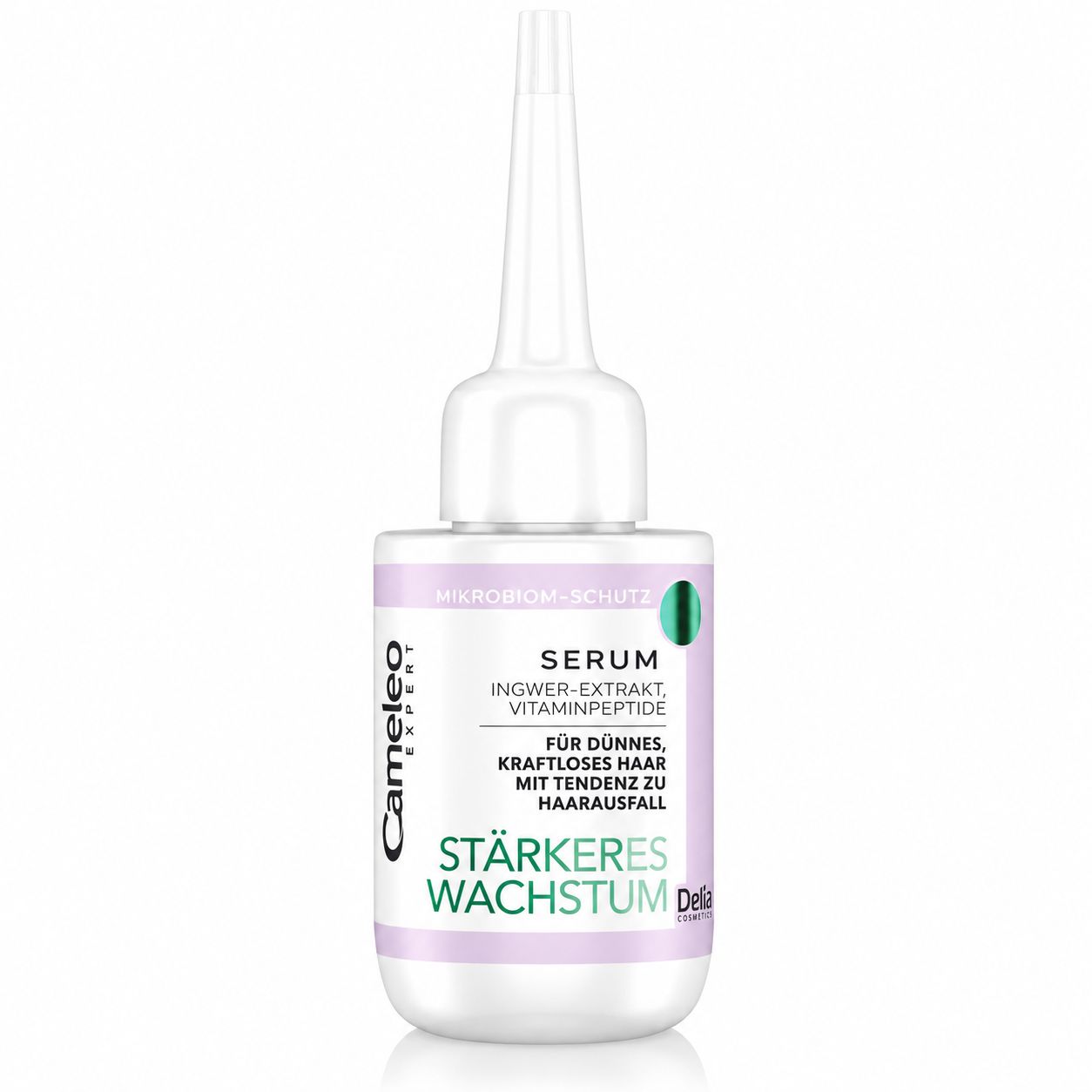 Verpackung für 'Camaleo Expert Serum' Haarpflege, mit Text über 'Stärkeres Wachstum'.