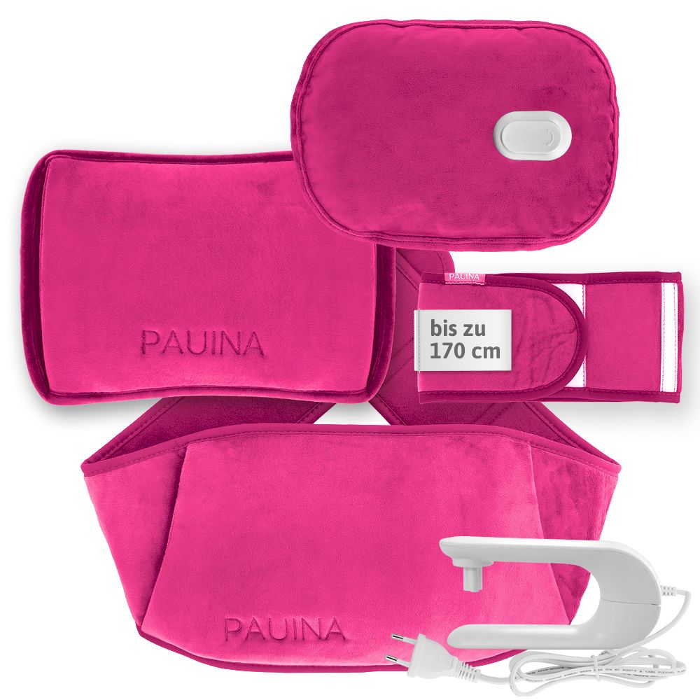 Pinkfarbene Wärmflasche mit Zubehör: Bauchgurt, Stoffbeutel, Heizstab. Aufschrift PAUINA.
