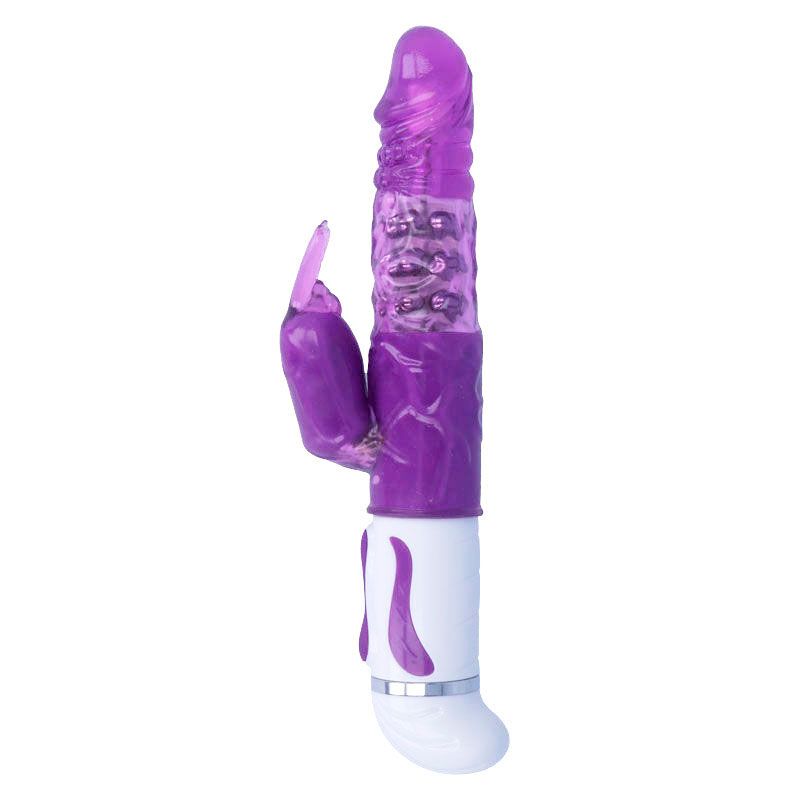 Lila Vibrator mit geriffelter Oberfläche und Hasenohren. Weißer Griff mit lila Akzenten. Auf weißem Hintergrund.