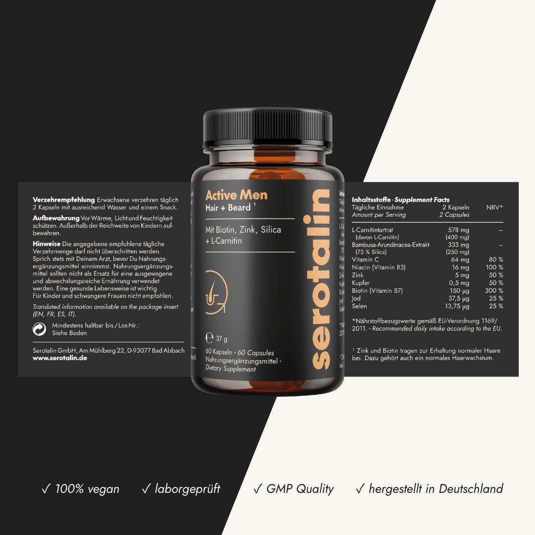 serotalin® ACTIVE Hair + Beard | 60 Kapseln | Biotin hochdosiert mit L-Carnitin & Silica | Vegan