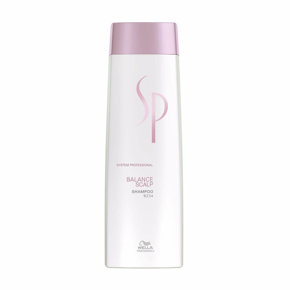 Weißes Shampoo mit rosa Deckel. Aufschrift: SP, Balance Scalp Shampoo. Marke: Wella.