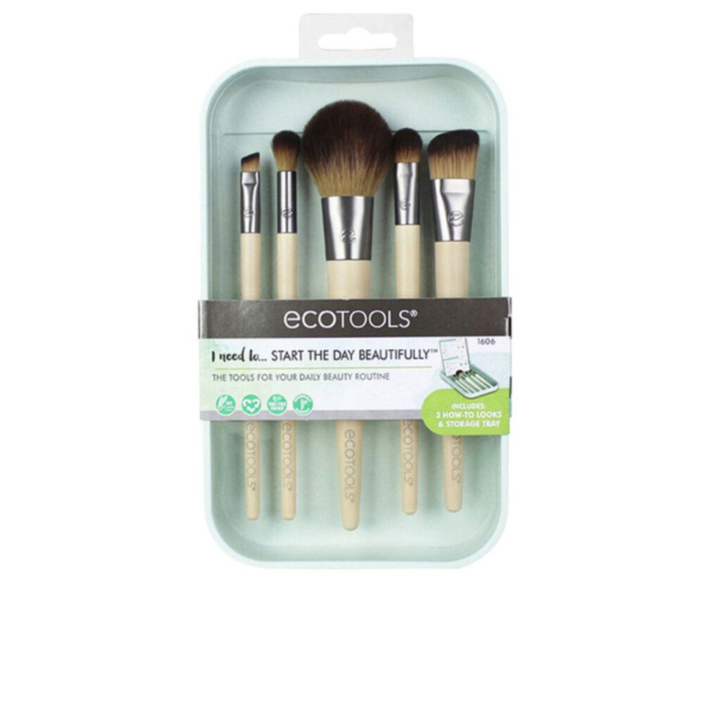 Set mit 6 Make-up-Pinseln in einer hellgrünen Verpackung. Pinsel mit hellen Holzgriffen und dunklen Borsten. Verpackung mit Produktnamen.