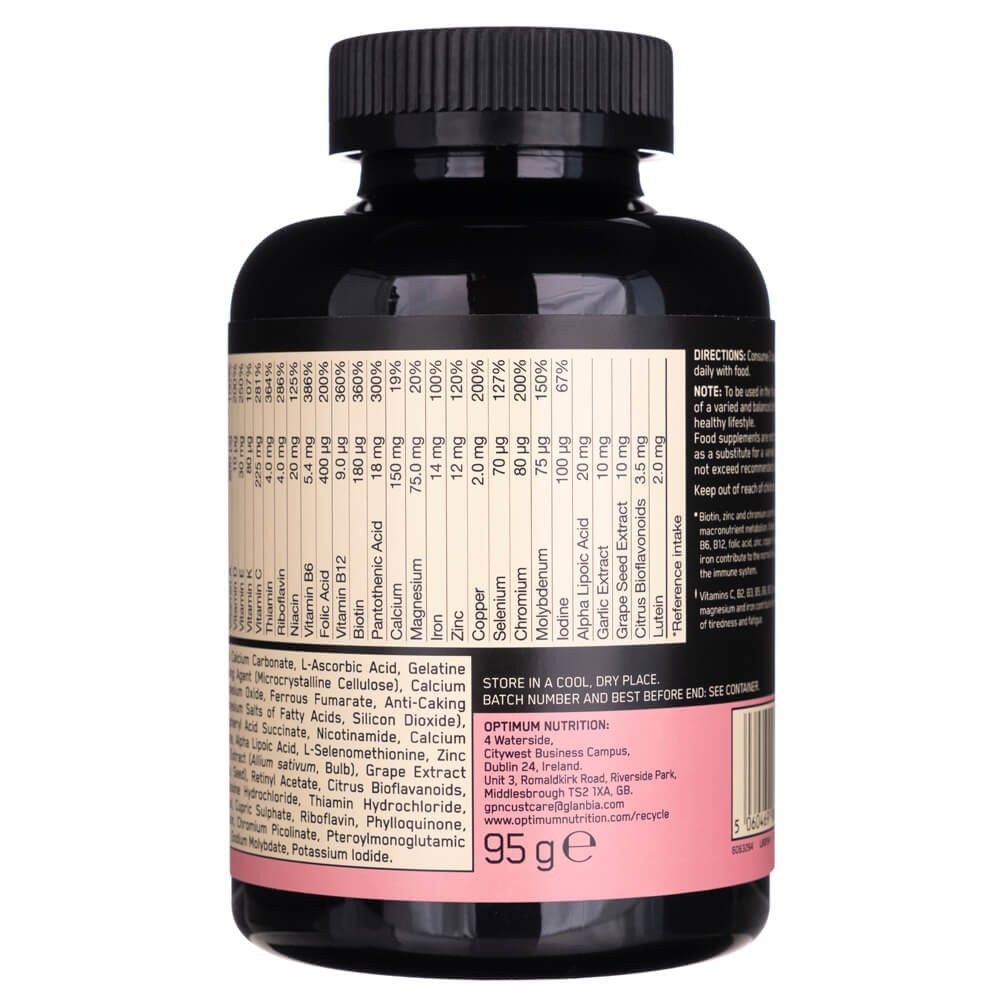 Rückseite der Optimum Nutrition Opti-Women Multivitamin-Flasche mit Nährwertangaben und Inhaltsstoffen.