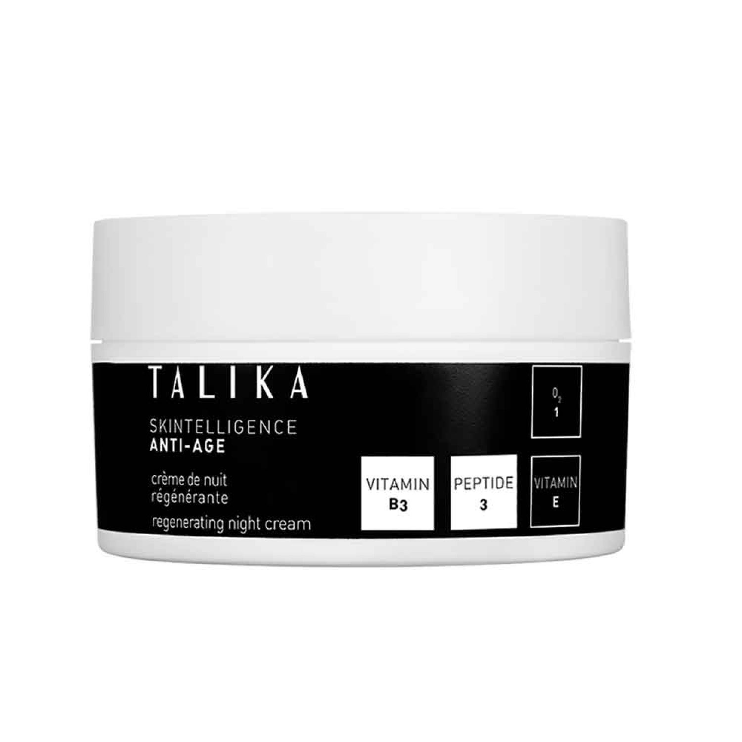 Weißer Tiegel mit schwarzem Etikett. Aufschrift: TALIKA, SKINTELLIGENCE ANTI-AGE, Regenerierende Nachtcreme. Enthält Vitamin B3, Peptid 3, Vitamin E.