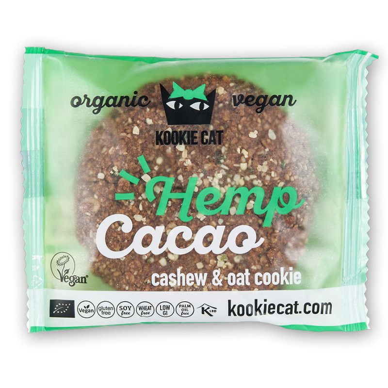 Verpackter Keks. Kookie Cat, Hanf & Kakao, Cashew & Hafer Keks. Grüne Verpackung, Bio, vegan.