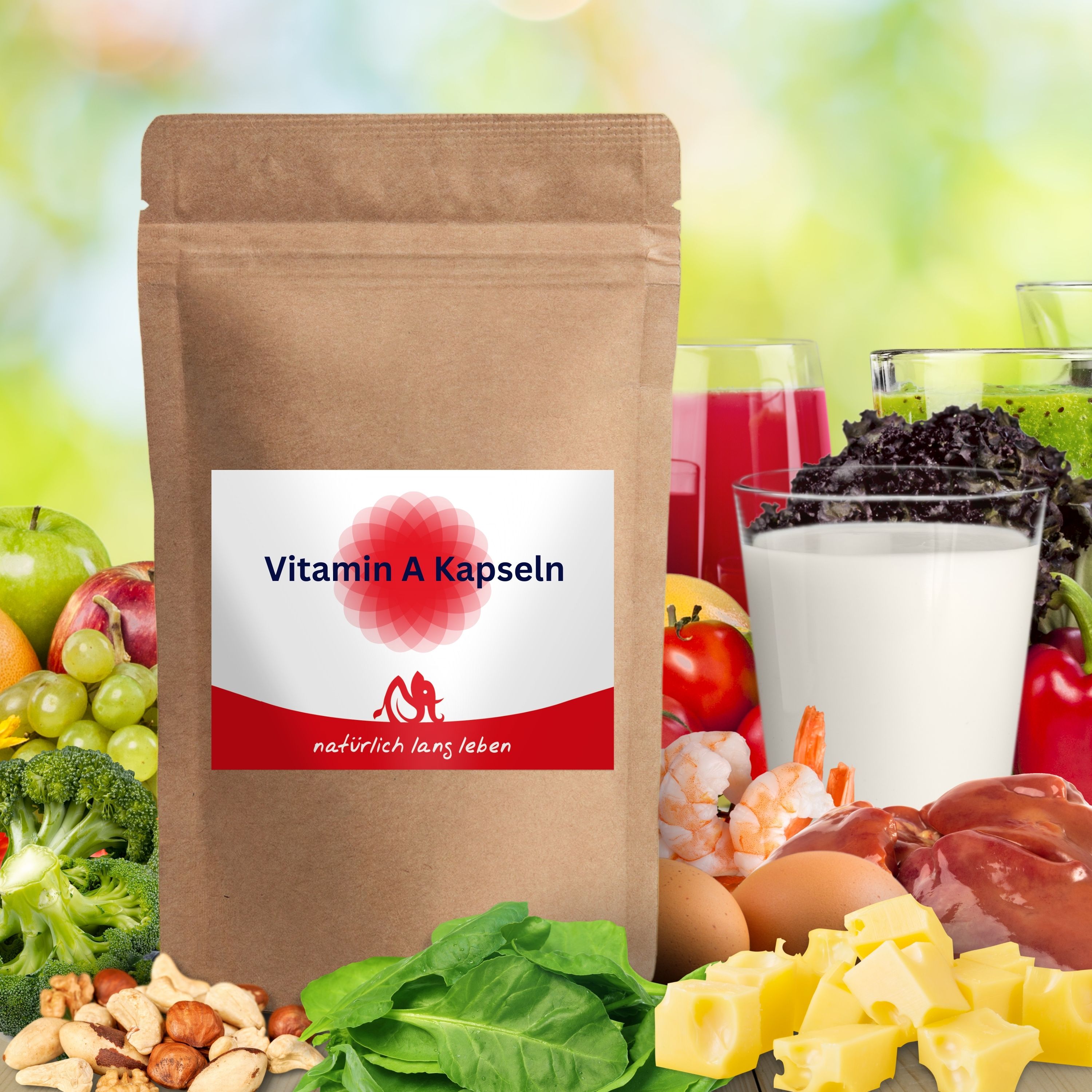 Braune Tüte mit Etikett. Etikett mit rotem Design und Text: Vitamin A Kapseln, natürlich lang leben. Umgeben von Lebensmitteln.