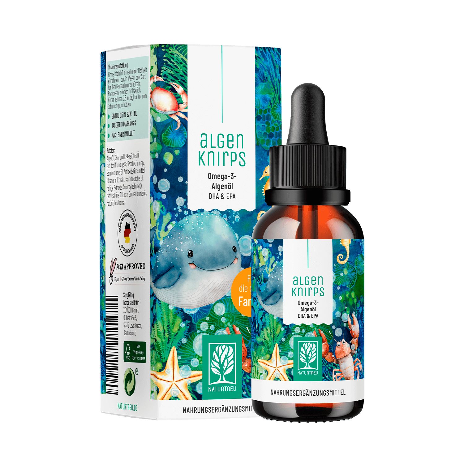 Braune Glasflasche mit Tropfer und Verpackung. Aufschrift: Algenknirps Omega-3 Algenöl DHA & EPA. Verpackung mit Meeresmotiven.