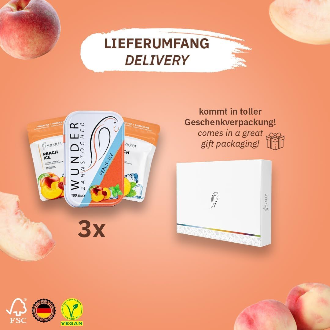 Drei Packungen Zahnstocher mit Pfirsich-Eis-Geschmack. Eine Metallbox, zwei Nachfüllpackungen und eine Geschenkverpackung.
