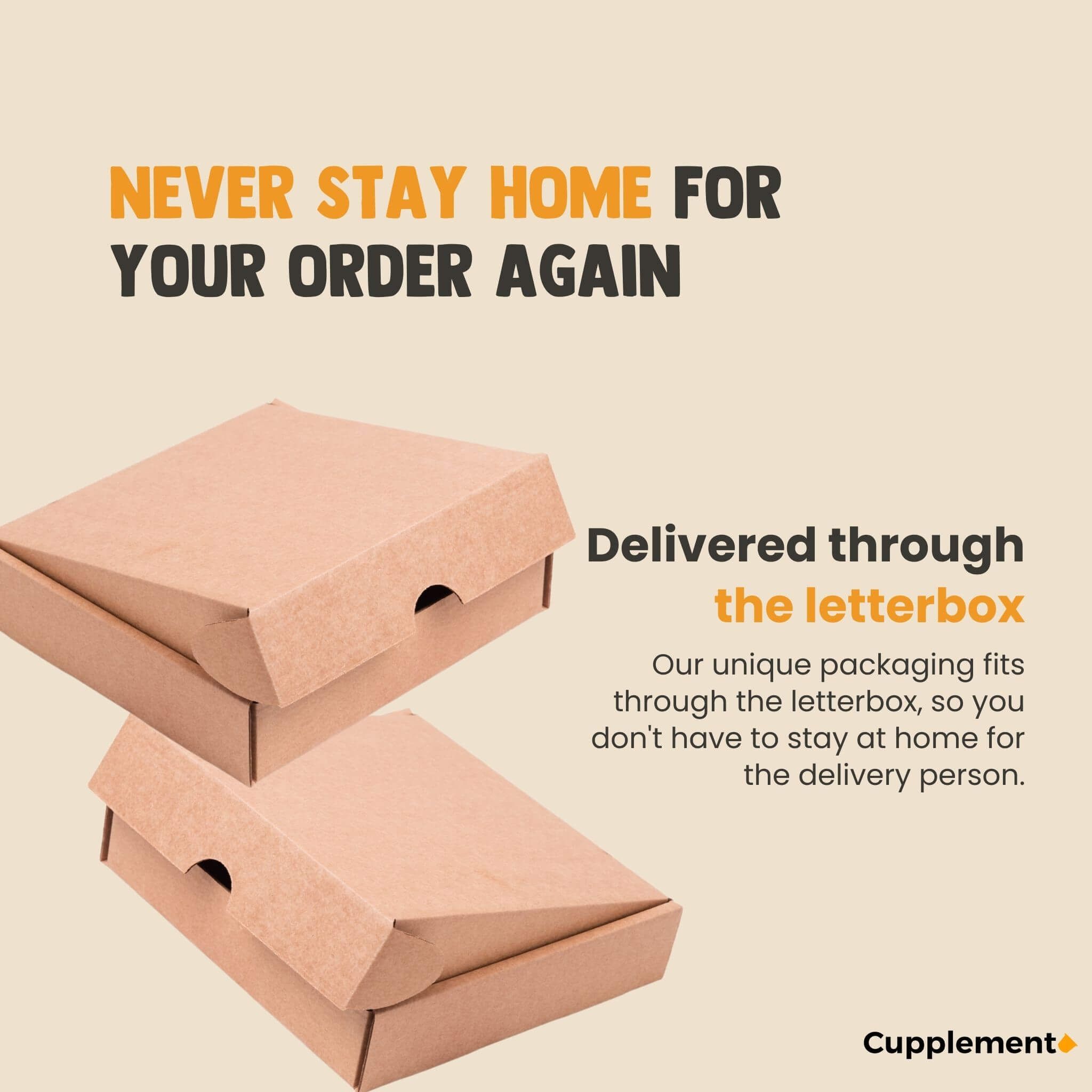 Zwei braune Kartonverpackungen. Text: Nie wieder zu Hause auf Ihre Bestellung warten. Lieferung durch den Briefkasten.