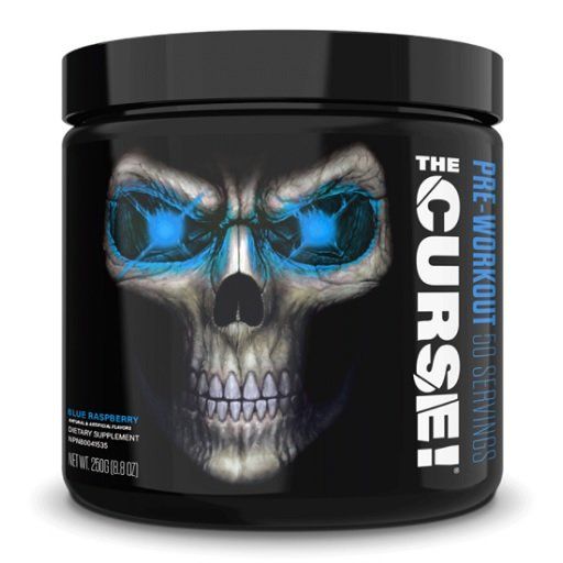 JNX Sports The Curse! Pre-Workout in schwarzer Dose mit Totenkopf-Design und blauen Augen. 50 Portionen.