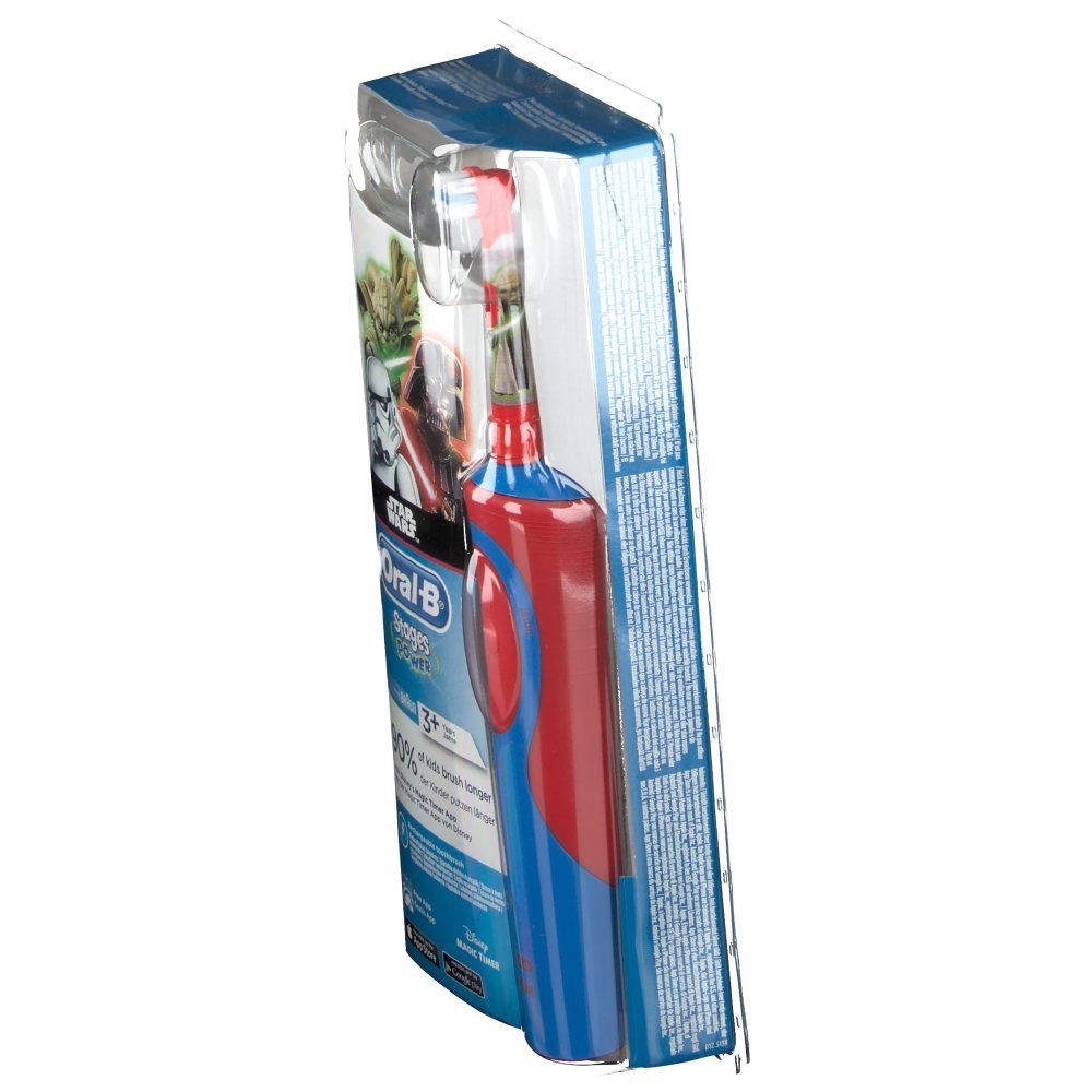 Zahnbürste Oral-B Stages Power Star Wars in Verpackung. Blau-roter Griff, Star Wars-Figuren. Verpackung mit Logo und Text.