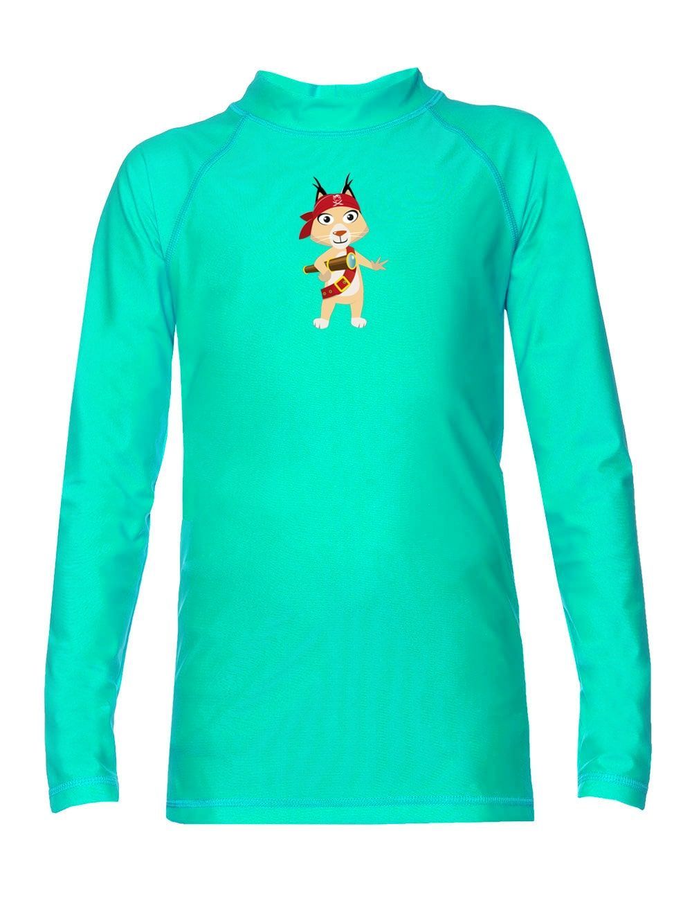 Türkisfarbenes Langarm-Shirt mit Stehkragen und Cartoon-Motiv. Das Shirt hat einen hohen Kragen und lange Ärmel.