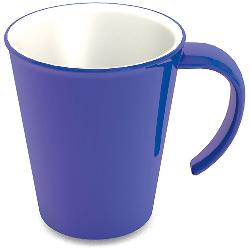 Blauer Becher mit weißem Innenraum und Henkel. Modell 1201.