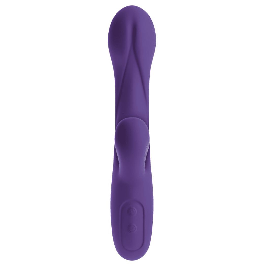 Lila Vibrator mit gebogener Form und zwei Vorsprüngen. Auf der Oberfläche befinden sich zwei Knöpfe.