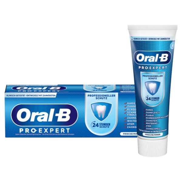 Zahnpasta-Schachtel und Tube. Blau, mit weißer Schrift. "Oral-B Pro-Expert" und Produktmerkmale sind sichtbar.