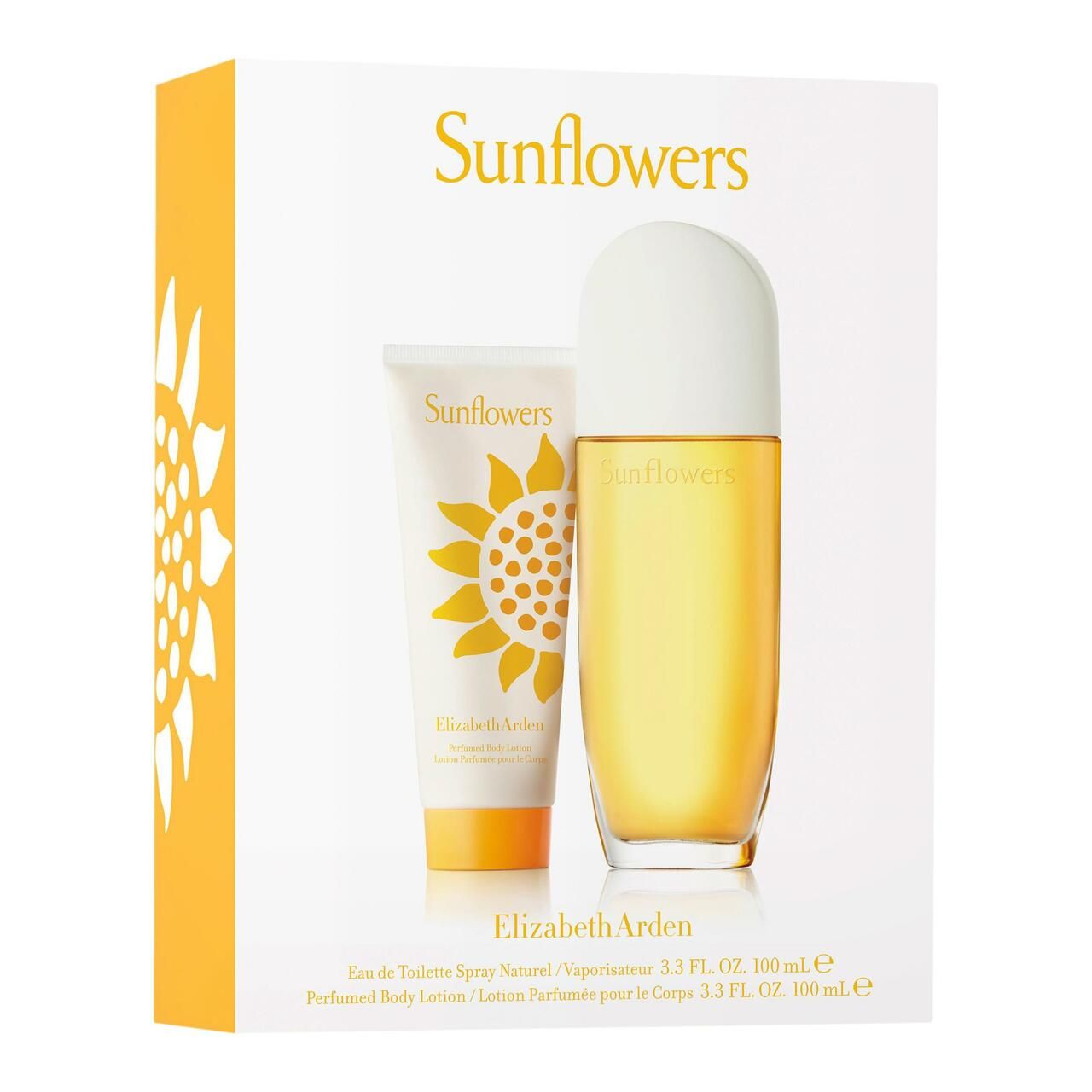 Geschenkset Sunflowers. Flakon und Tube in weißer Schachtel. Sonnenblumen-Logo. Elizabeth Arden-Logo. Gelbe Flüssigkeit im Flakon.